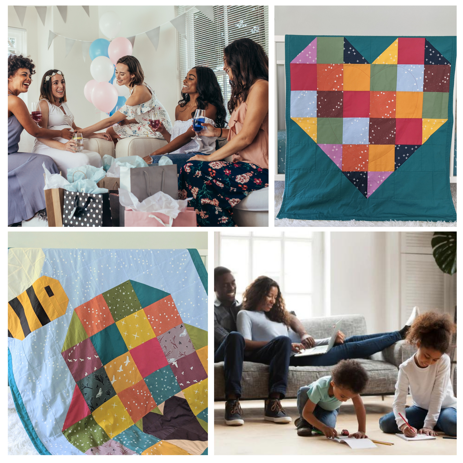 Baby Peipei "Group Gift For" collage. Four images form a collage. From top left clockwise: a baby shower scene, a handmade organic patchwork quilt, a candid shot family in a living room with the mom in the background on her laptop on the couch, and a handmade organic custom bee and beehive quilt., 