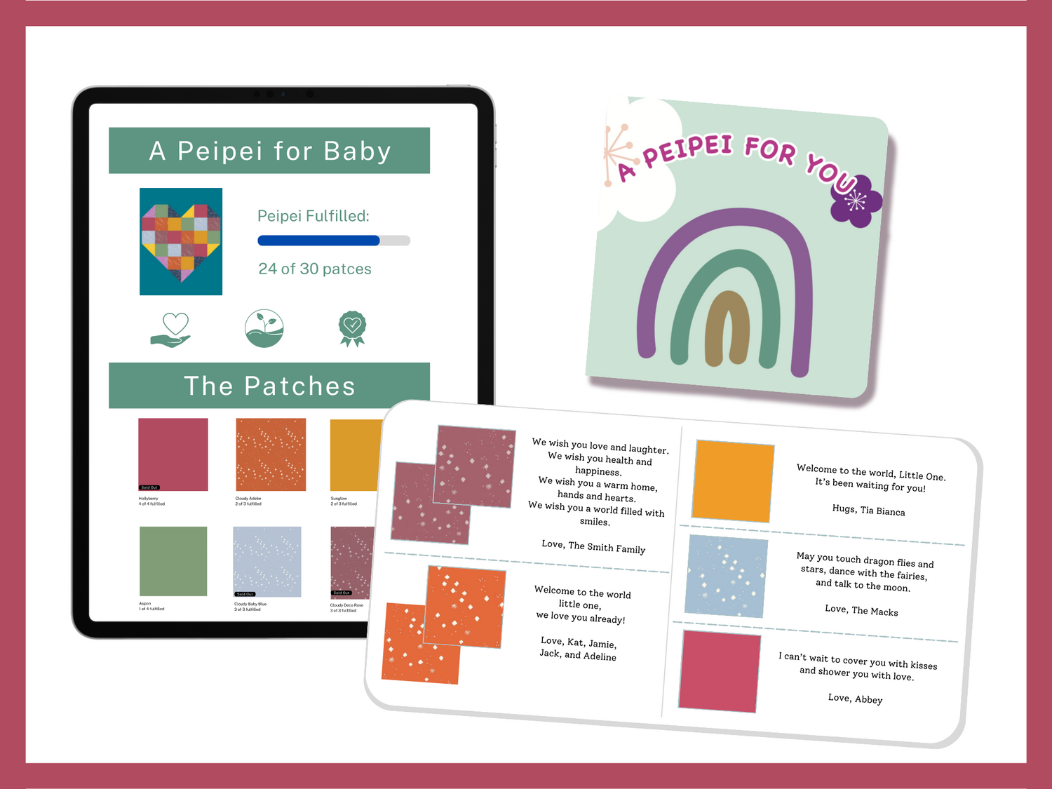Baby Peipei crowdfunding service. Image has a tablet with a webpage, a closed book, and an open book. The webpage'd text reads "A Peipei for Baby" and "The Patches"  and images show a wuilt, a progress bar, and the patches in the quilt available for purchase. The title of the closed book is "A Peipei for You" and the open book shows people's messages alongside images of the patches that they purchased