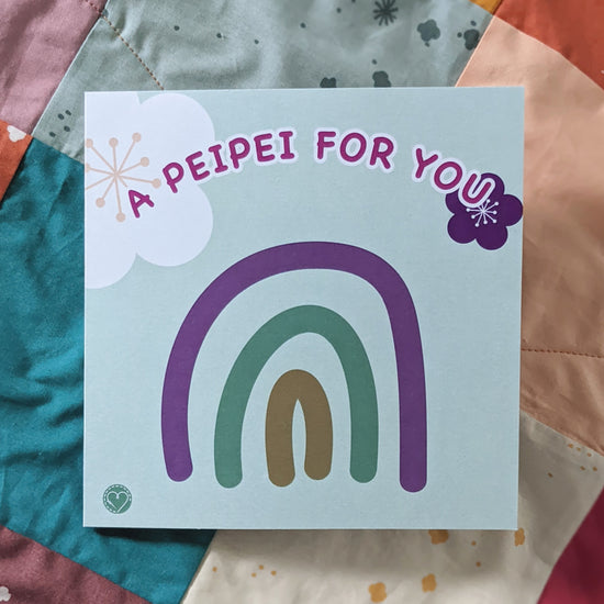 Baby Peipei, Boho Patchwork Peipei with Card. A card with a rainbow and text 